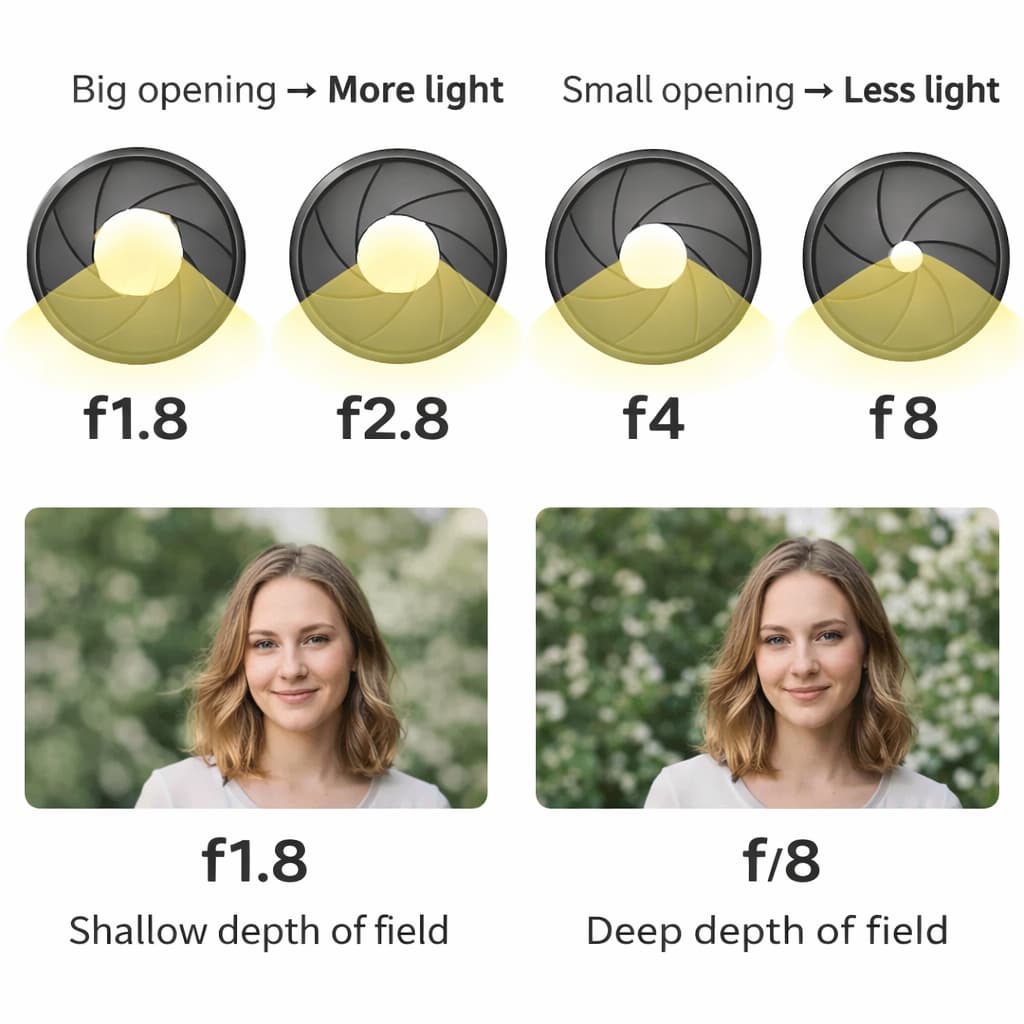 Aperture diagram showing how f-number affects light and depth of field