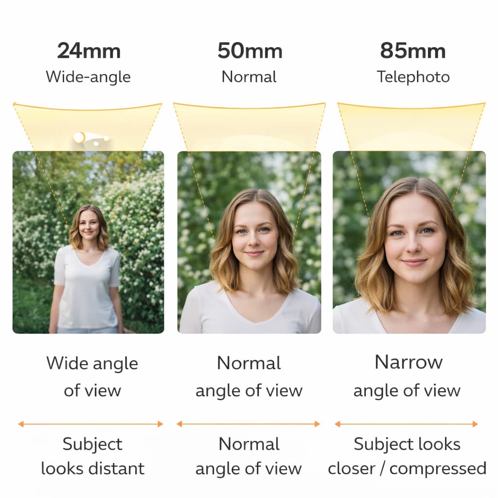 Focal length comparison showing 24mm, 50mm and 85mm with different angles of view